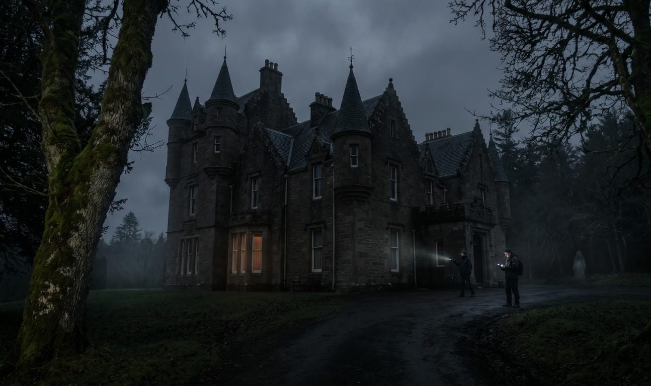 Eerie exterior of a Scottish Baronial mansion at night